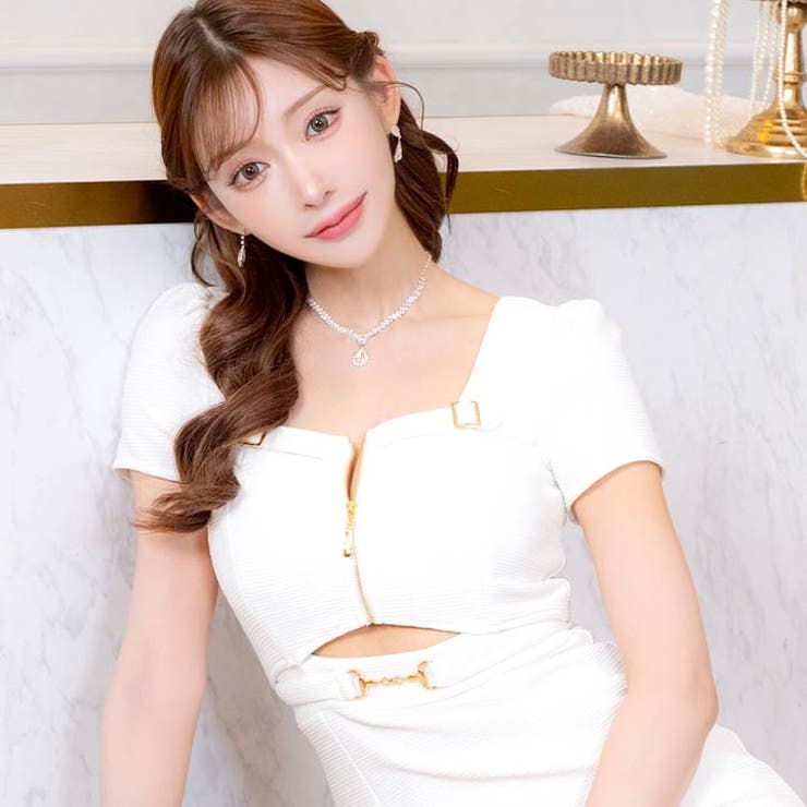 dazzy フロントジップバックルウエストカット半袖タイトミニドレス フロントジップバックルウエストカット半袖タイトミニドレス