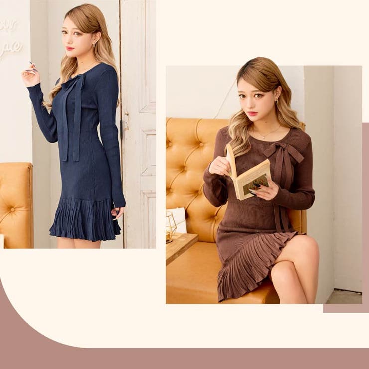 ロングリボンプリーツマーメイド長袖ニットワンピース[品番