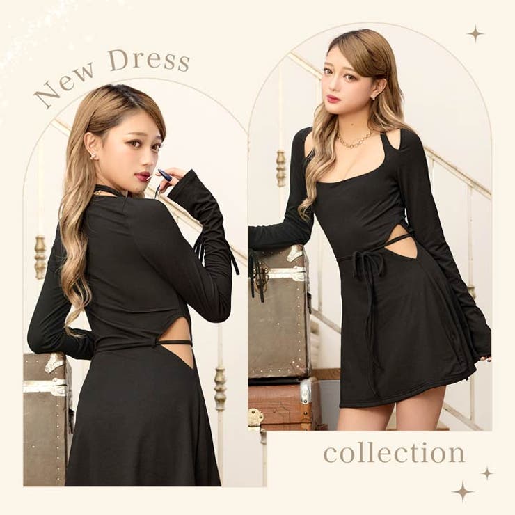 カット アウト ウエスト リボン 長袖A ライン ワンピース[品番