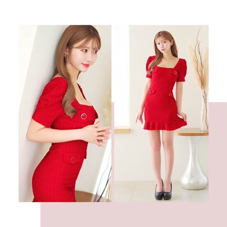 [SMサイズ]ワンカラースクエアネック半袖マーメイドミニドレス[韓国ドレス] | Dazzy | 詳細画像13 