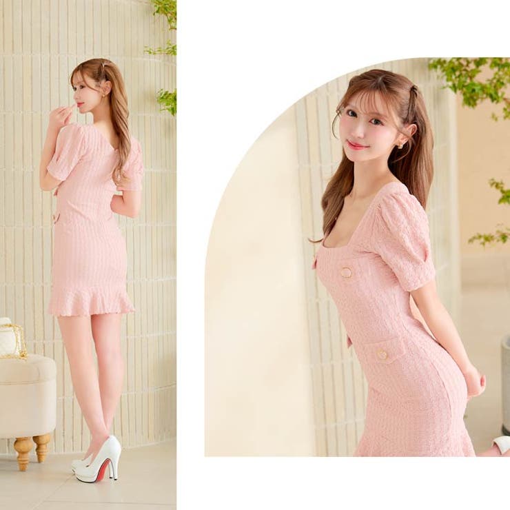 SMサイズ]ワンカラースクエアネック半袖マーメイドミニドレス[韓国