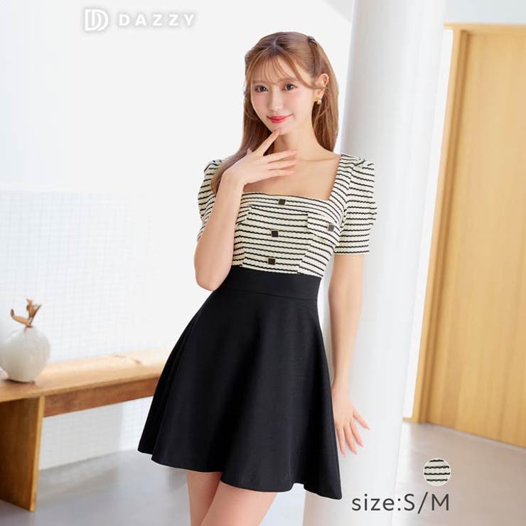 [SMサイズ]ボーダーツイードスクエアボタン半袖Aラインミニドレス[韓国ドレス] | Dazzy | 詳細画像1 