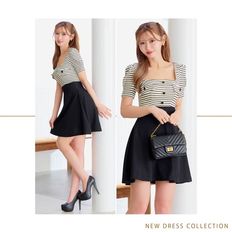 [SMサイズ]ボーダーツイードスクエアボタン半袖Aラインミニドレス[韓国ドレス] | Dazzy | 詳細画像13 