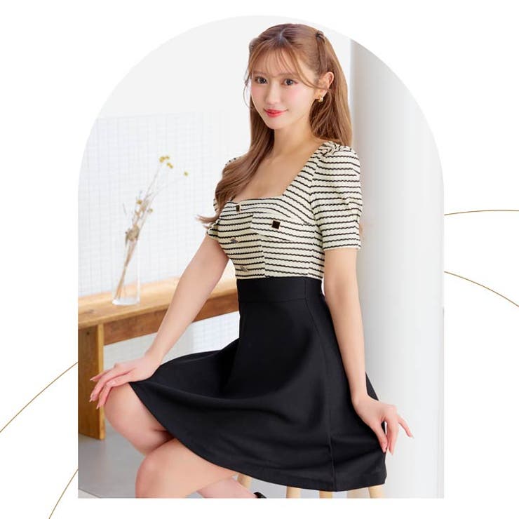 [SMサイズ]ボーダーツイードスクエアボタン半袖Aラインミニドレス[韓国ドレス] | Dazzy | 詳細画像14 