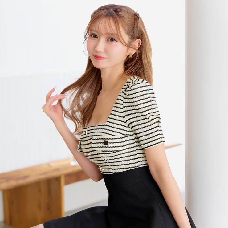 [SMサイズ]ボーダーツイードスクエアボタン半袖Aラインミニドレス[韓国ドレス] | Dazzy | 詳細画像5 