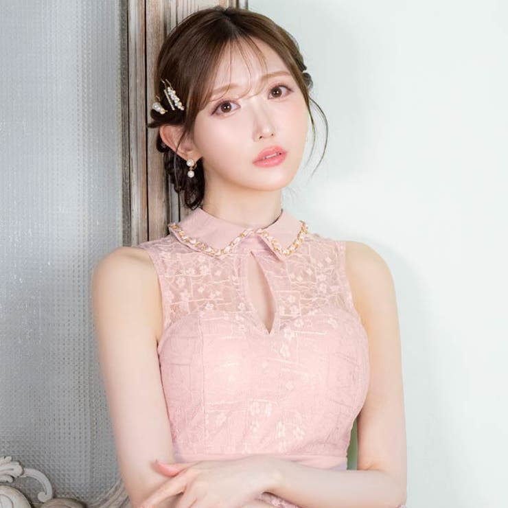 [XS~Lサイズ]チェーンビジュー襟付きフラワーレースノースリーブタイトミニドレ… | Dazzy | 詳細画像5 