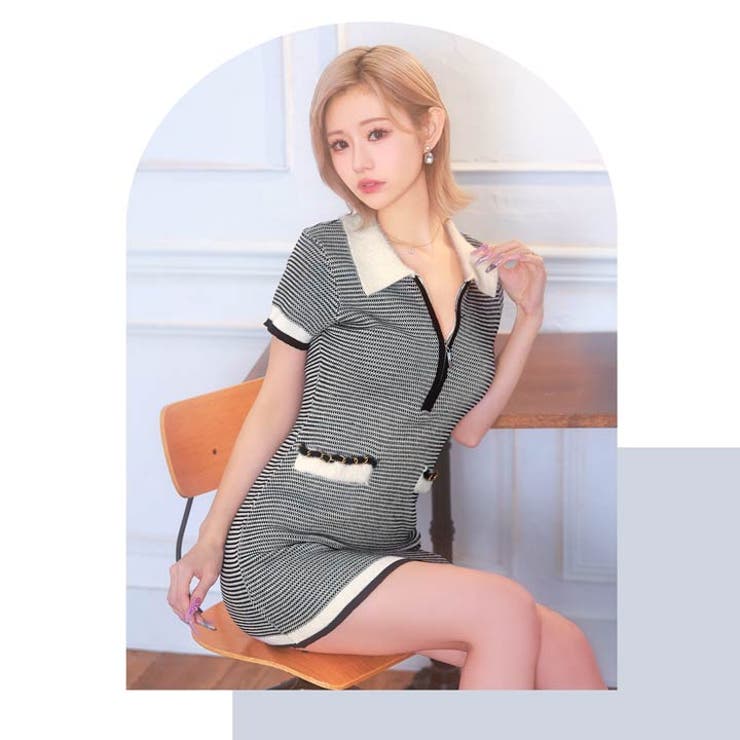 [XS~Mサイズ]フロントジップボア襟付きバイカラーニットワンピース[カジュアル/dazzycloset]