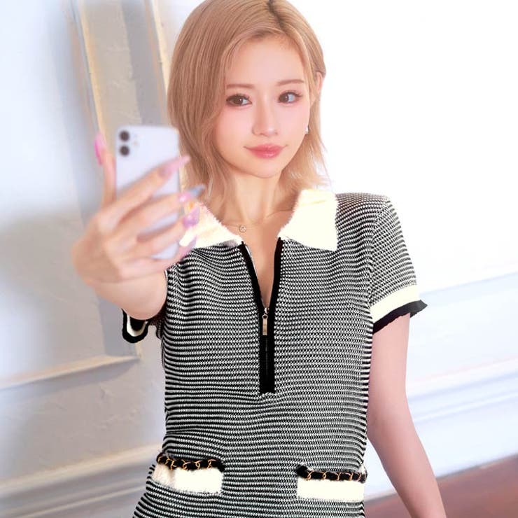 [XS~Mサイズ]フロントジップボア襟付きバイカラーニットワンピース[カジュアル/dazzycloset]