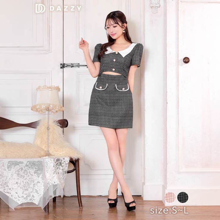 DAZZY ドレス 袖シフォン ツイード チェック パール ビジュー