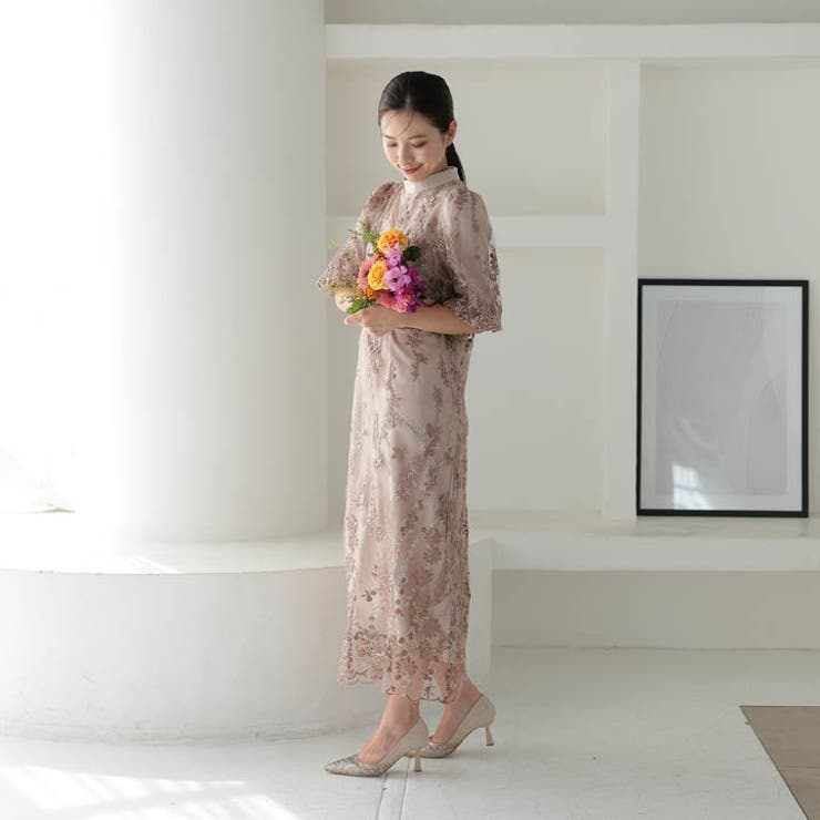 [Mサイズ]ダスティフラワー刺繍パフスリーブAラインパーティードレス | Dazzy | 詳細画像2 