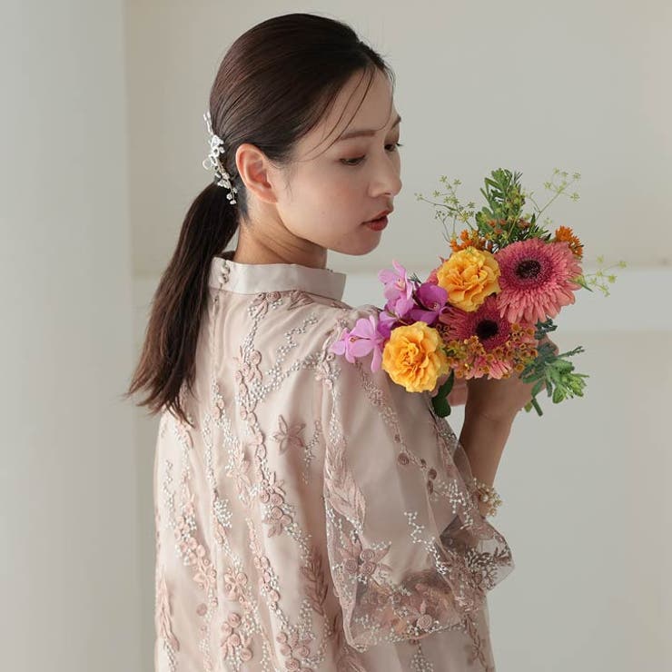 [Mサイズ]ダスティフラワー刺繍パフスリーブAラインパーティードレス | Dazzy | 詳細画像7 