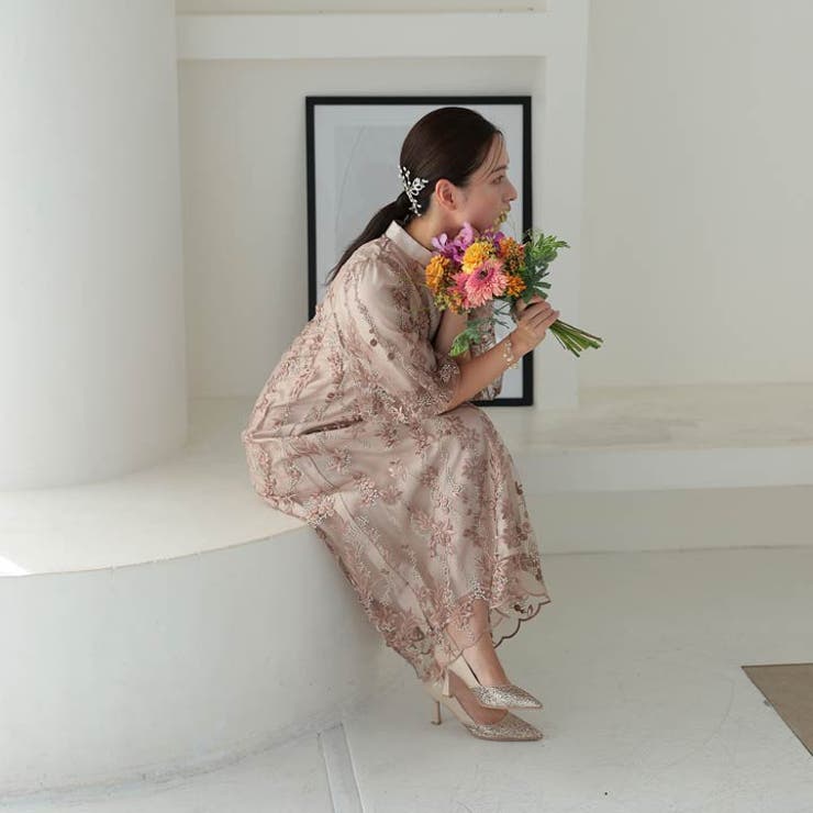 [Mサイズ]ダスティフラワー刺繍パフスリーブAラインパーティードレス | Dazzy | 詳細画像9 