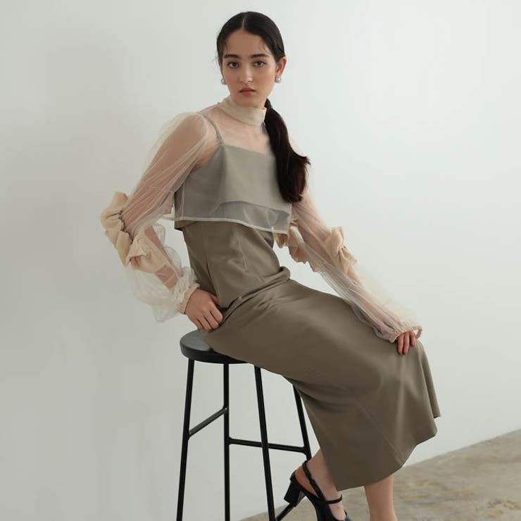 [SMサイズ]ギャザーフリルトップス＆キャミソールタイトワンピースアンサンブルパ… | Dazzy | 詳細画像4 