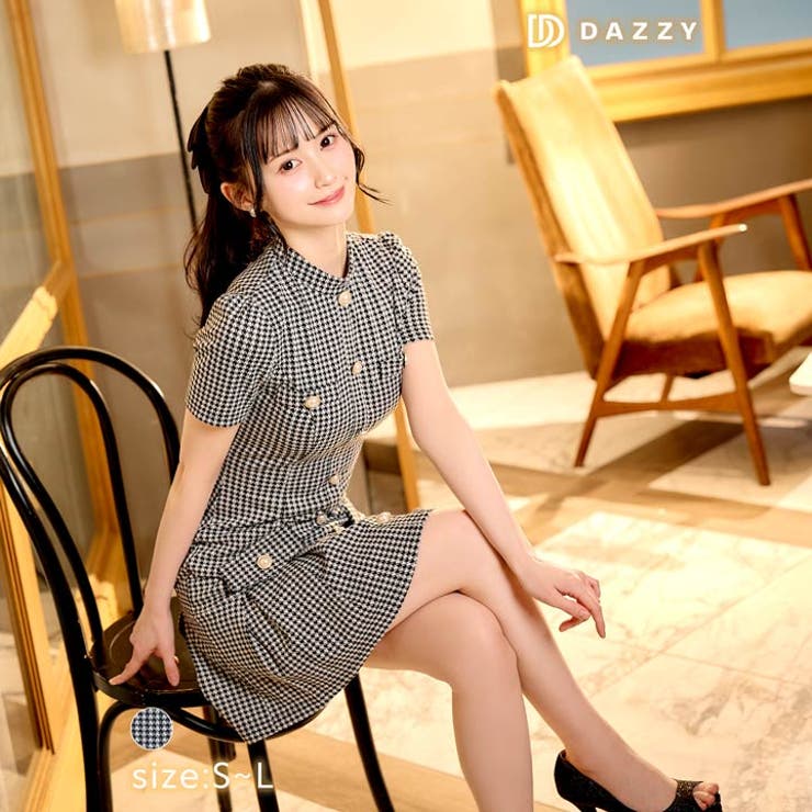 SMLサイズ]ハイネック千鳥格子ボタンビジュー半袖プリーツA