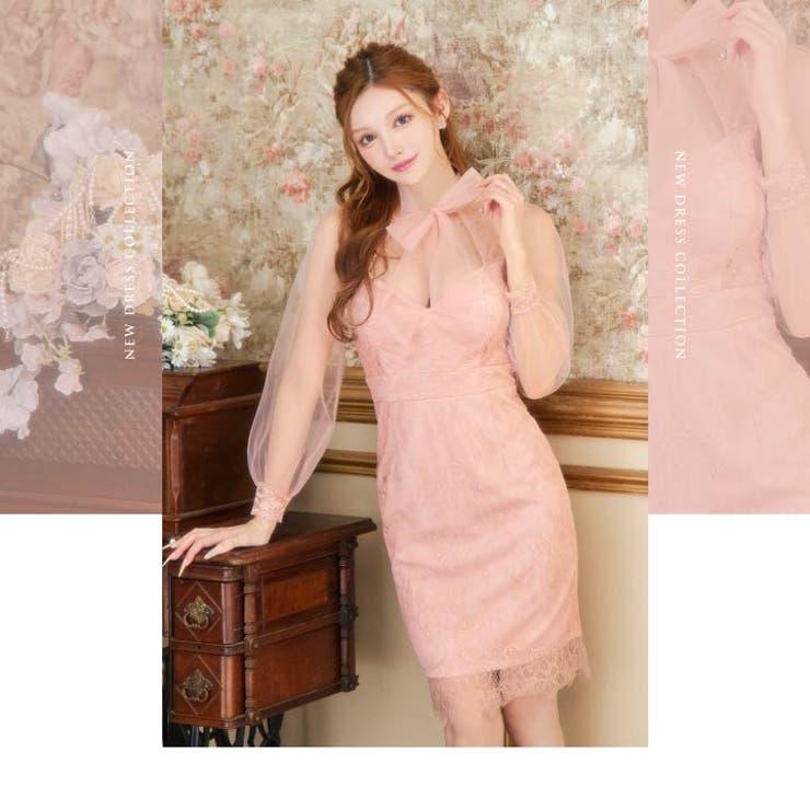 [SMLサイズ]レースシアーチュールリボン長袖タイトミニドレス | Dazzy | 詳細画像12 