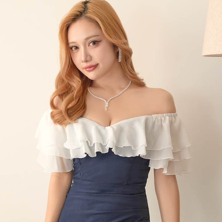 SMLサイズ]サイドギャザーシフォンフリルオフショルタイトミニ