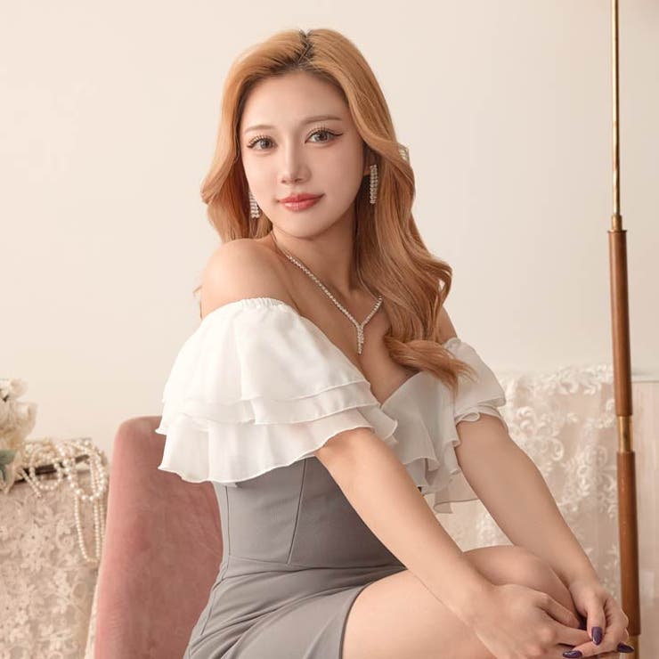 GD♡様 SMLサイズ]サイドギャザーシフォンフリルオフショルタイトミニ