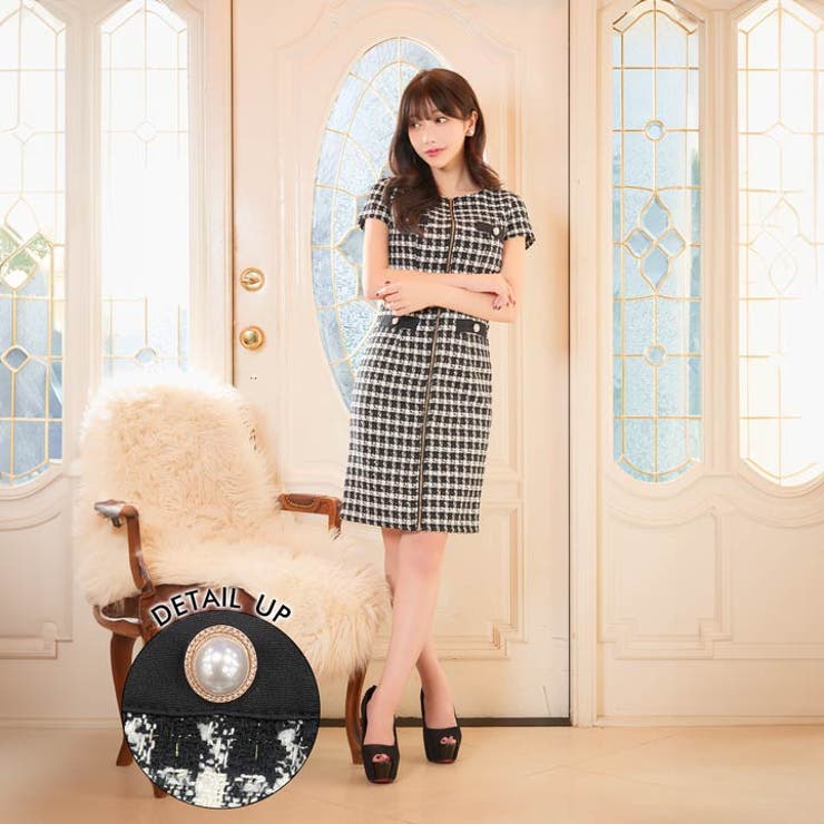XS-Lサイズあり 【GINZA COUTURE/銀座クチュール】ツイード/ 半袖/ 袖あり/ フロントジップ/ タイト/ ワンピース/ ミニドレス/  キャバドレス[OF2] - キャバドレス専門店 sugar (シュガー)