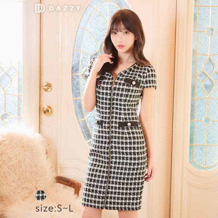 [SMLサイズ]ツイードモノトーンチェックフロントジップ半袖タイトミニドレス | Dazzy | 詳細画像6 
