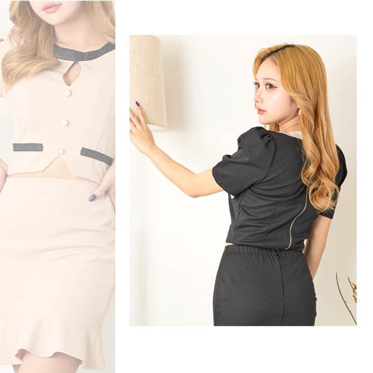 [SMLサイズ]バイカラーホールスリット半袖マーメイドミニセットアップ | Dazzy | 詳細画像13 