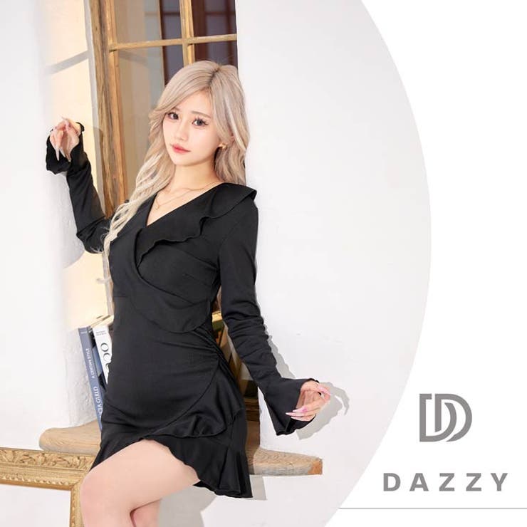 フリルカシュクールマーメイド長袖ニットワンピース[カジュアル/dazzycloset]