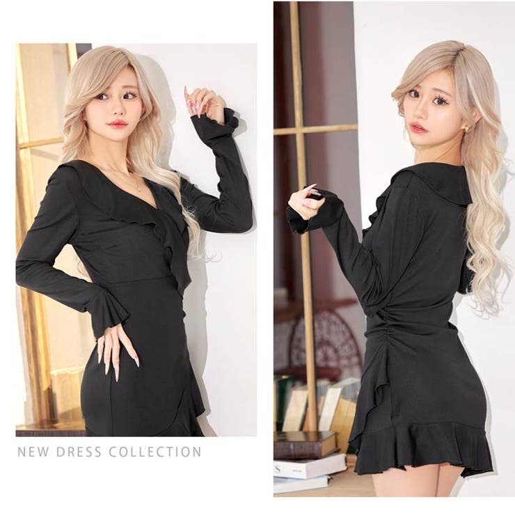 フリルカシュクールマーメイド長袖ニットワンピース[カジュアル/dazzycloset]