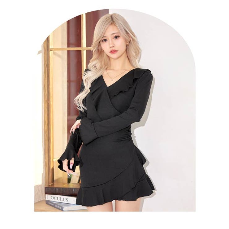 フリルカシュクールマーメイド長袖ニットワンピース[カジュアル/dazzycloset]