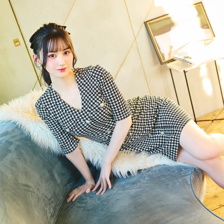 [SMLサイズ]千鳥格子Vネックパールボタンビジュー五分袖タイトミニドレス | Dazzy | 詳細画像7 