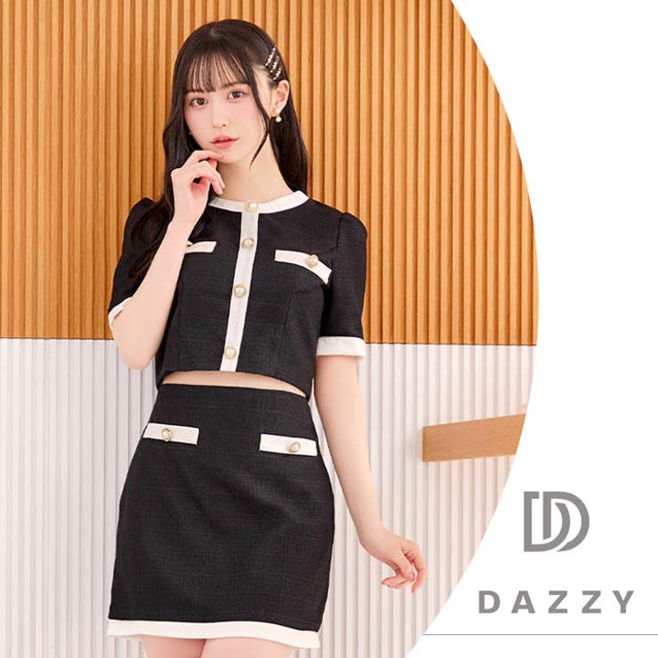 [SMLサイズ] パールビジューバイカラーライン半袖Aラインミニセットアップ | Dazzy | 詳細画像12 