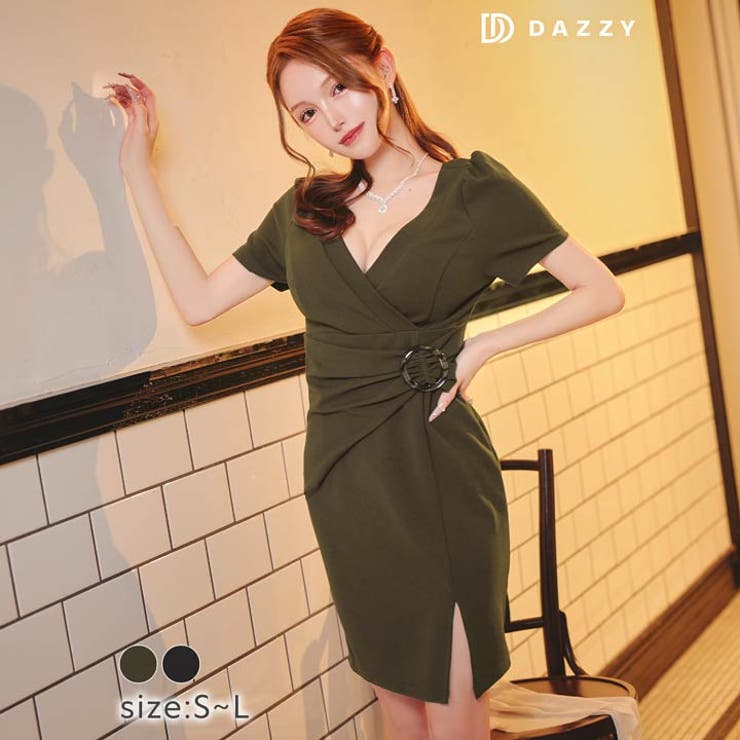 [SMLサイズ]カシュクールラップリング半袖スリットタイトミニドレス | Dazzy | 詳細画像1 