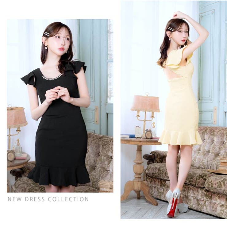 ツイードビジューバックオープンフリルマーメイド膝丈ドレス[SML 3サイズ展開] | Dazzy | 詳細画像13 