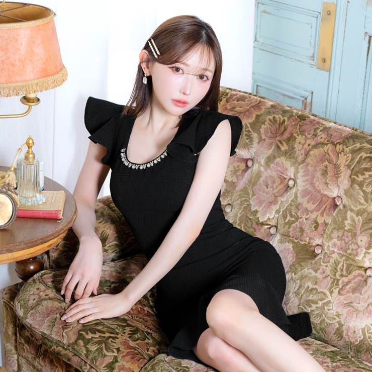 ツイードビジューバックオープンフリルマーメイド膝丈ドレス[SML 3サイズ展開] | Dazzy | 詳細画像7 