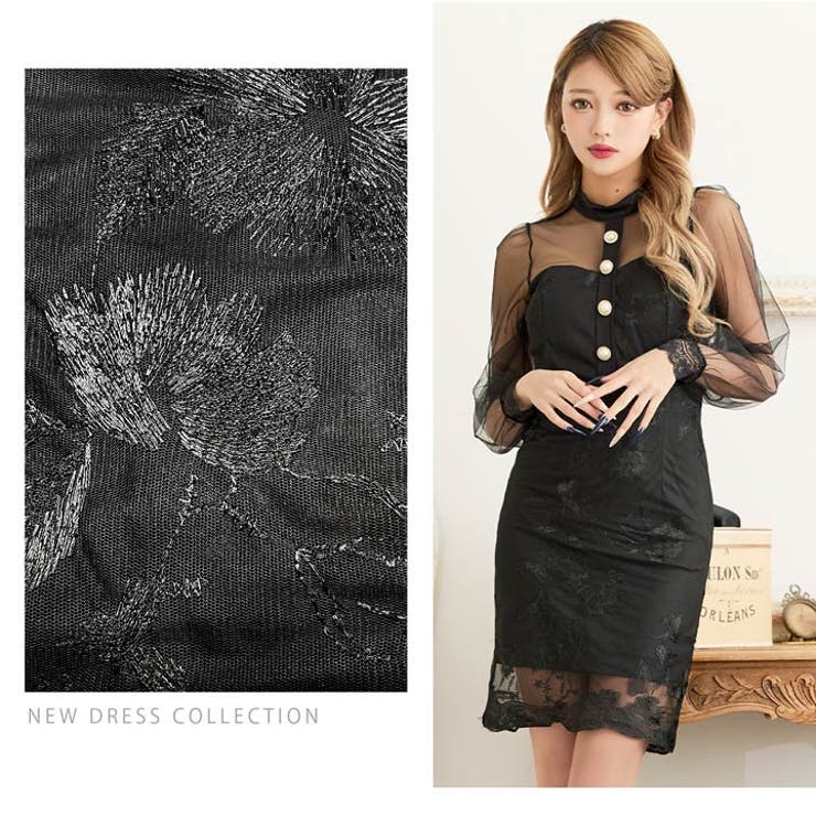 [SMLサイズ]ハイネックフラワー刺繍シアーロングスリーブタイトミニドレス | Dazzy | 詳細画像13 