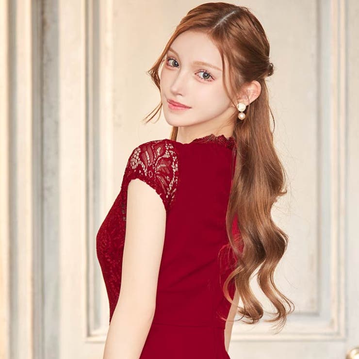 [SMLサイズ]フラワーレースドレープフリルスリット半袖マーメイドロングドレス | Dazzy | 詳細画像7 