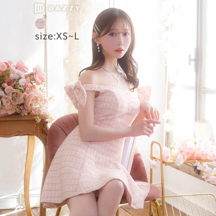 [Aライン]ショルダーリボンチェックツイードAラインミニドレス[XS~L/4サイズ展開]