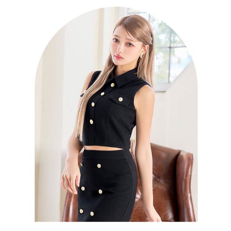 襟付きワッフルWボタンビジューノースリーブタイトミニセットアップ[SML 3サイ… | Dazzy | 詳細画像13 