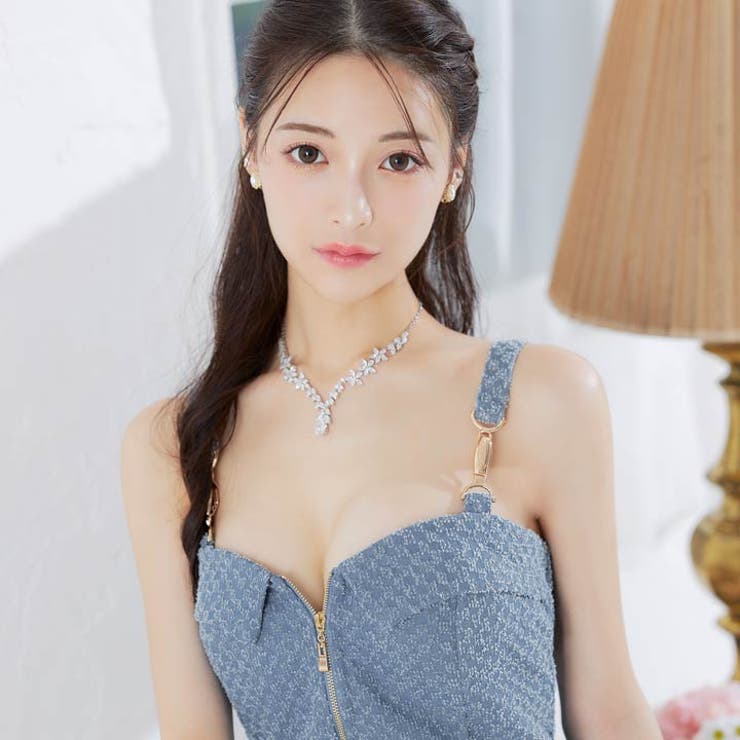 [Aライン/セットアップ]フロントジップデニムチェックビジューノースリーブAラインミニドレス[XS～L/4サイズ展開][dazzyデイジーミニワンピースミニワンピミニスカートミニドレス]