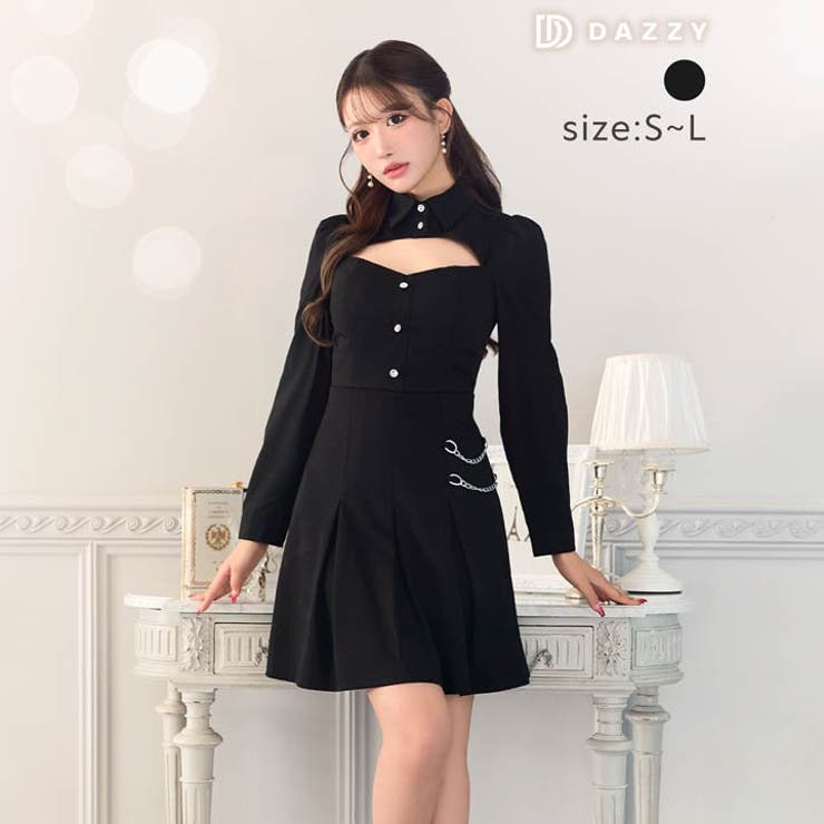 [Aライン] 襟付きカットアウトビジューボタンチェーンプリーツAライン ミニドレ… | Dazzy | 詳細画像1 