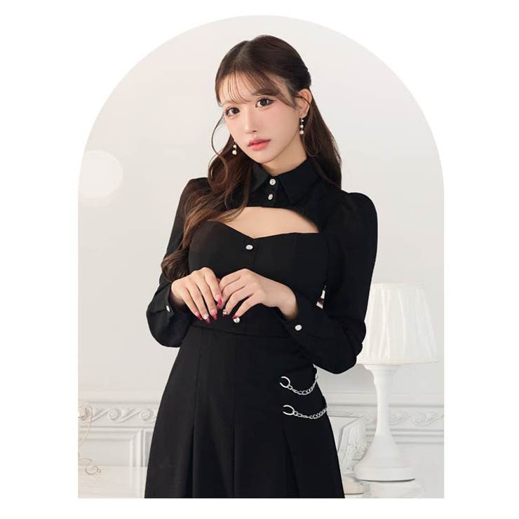 [Aライン] 襟付きカットアウトビジューボタンチェーンプリーツAライン ミニドレ… | Dazzy | 詳細画像14 