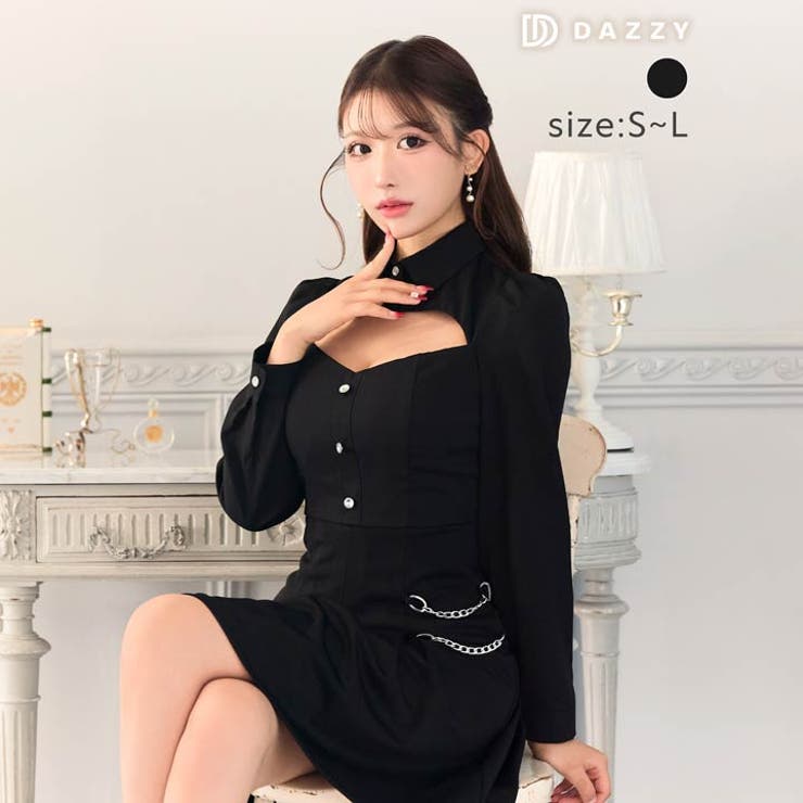 [Aライン] 襟付きカットアウトビジューボタンチェーンプリーツAライン ミニドレ… | Dazzy | 詳細画像6 