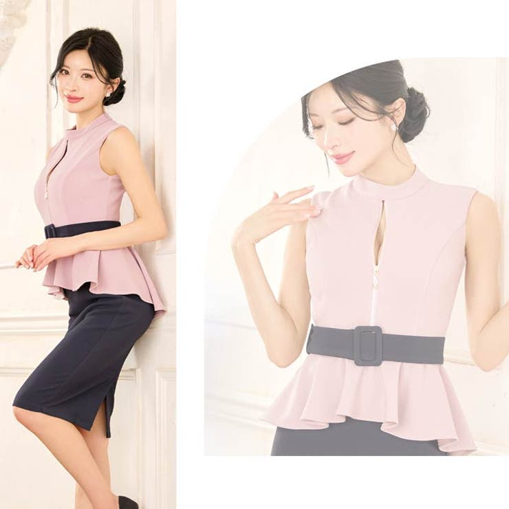 [MOARADY]バイカラージップペプラムベルト付きノースリーブタイト膝丈ドレス… | Dazzy | 詳細画像14 