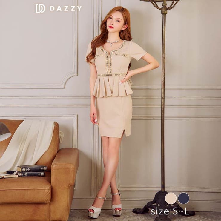 [SML/3サイズ展開] プリーツペプラムツイードライン半袖タイトミニドレス | Dazzy | 詳細画像3 