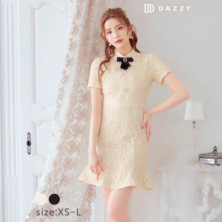 [XS~L 4サイズ展開] リボンブローチ付きフリルフラワーレース半袖マーメイド… | Dazzy | 詳細画像1 