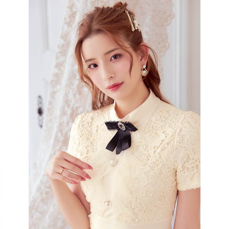 [XS~L 4サイズ展開] リボンブローチ付きフリルフラワーレース半袖マーメイド… | Dazzy | 詳細画像3 