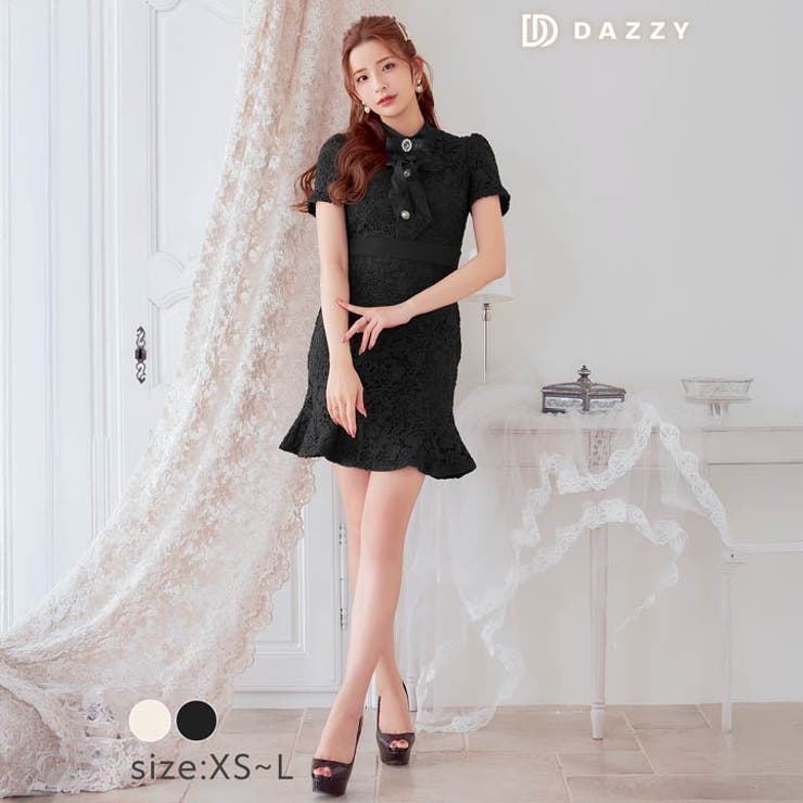 [XS~L 4サイズ展開] リボンブローチ付きフリルフラワーレース半袖マーメイド… | Dazzy | 詳細画像5 