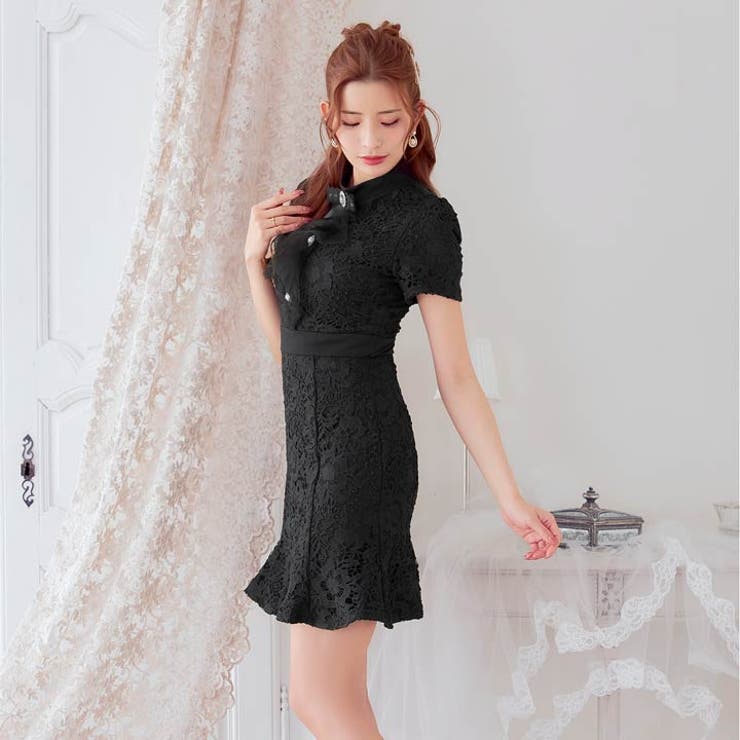 [XS~L 4サイズ展開] リボンブローチ付きフリルフラワーレース半袖マーメイド… | Dazzy | 詳細画像6 