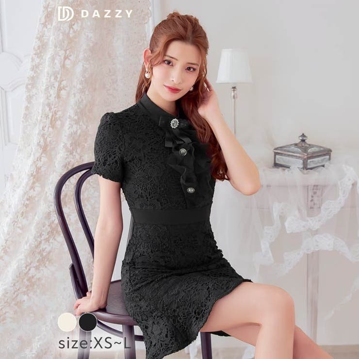 [XS~L 4サイズ展開] リボンブローチ付きフリルフラワーレース半袖マーメイド… | Dazzy | 詳細画像7 