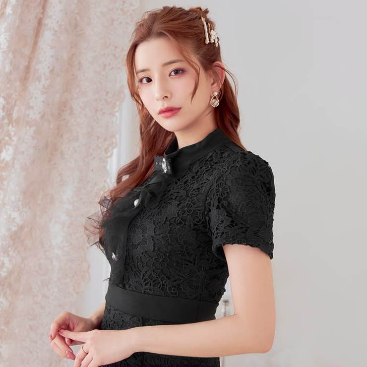 [XS~L 4サイズ展開] リボンブローチ付きフリルフラワーレース半袖マーメイド… | Dazzy | 詳細画像8 