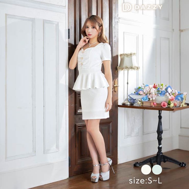[SML/3サイズ展開] ワッフルフロントギャザーペプラム半袖タイトミニドレス | Dazzy | 詳細画像2 
