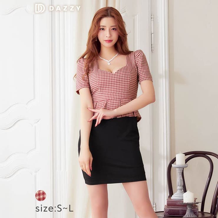 [SML/3サイズ展開] レトロチェックツイードペプラム半袖タイトミニドレス | Dazzy | 詳細画像1 